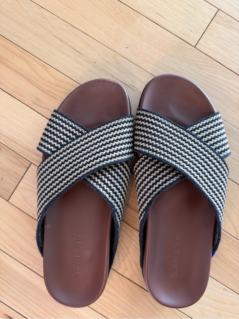Rothy's Women's Brown Footbed Sandals with Black & Cream Cross Straps